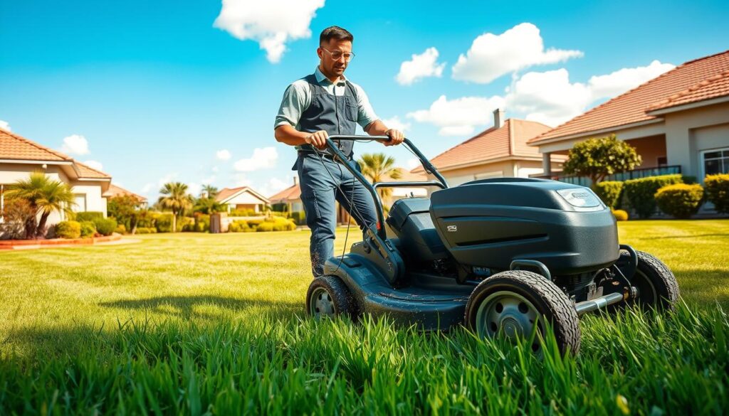 A vibrant scene depicting a professional lawn mowing service in action in a lush Johannesburg suburb. In the foreground, a skilled lawn care worker wearing a neat uniform and safety goggles operates a modern, powerful lawn mower, cutting through fresh green grass, with visible grass clippings being ejected. The middle ground features a well-manicured lawn, showcasing the precision and care taken in the mowing process. In the background, a sunny sky with a few fluffy clouds complements tidy homes with manicured gardens, giving a sense of community. The lighting is bright and warm, emphasizing a clear, sunny day. The mood is professional and diligent, capturing the essence of quality lawn care while promoting a sense of relaxation and order in the suburban setting. A vibrant scene depicting a professional lawn mowing service in action in a lush Johannesburg suburb. In the foreground, a skilled lawn care worker wearing a neat uniform and safety goggles operates a modern, powerful lawn mower, cutting through fresh green grass, with visible grass clippings being ejected. The middle ground features a well-manicured lawn, showcasing the precision and care taken in the mowing process. In the background, a sunny sky with a few fluffy clouds complements tidy homes with manicured gardens, giving a sense of community. The lighting is bright and warm, emphasizing a clear, sunny day. The mood is professional and diligent, capturing the essence of quality lawn care while promoting a sense of relaxation and order in the suburban setting.