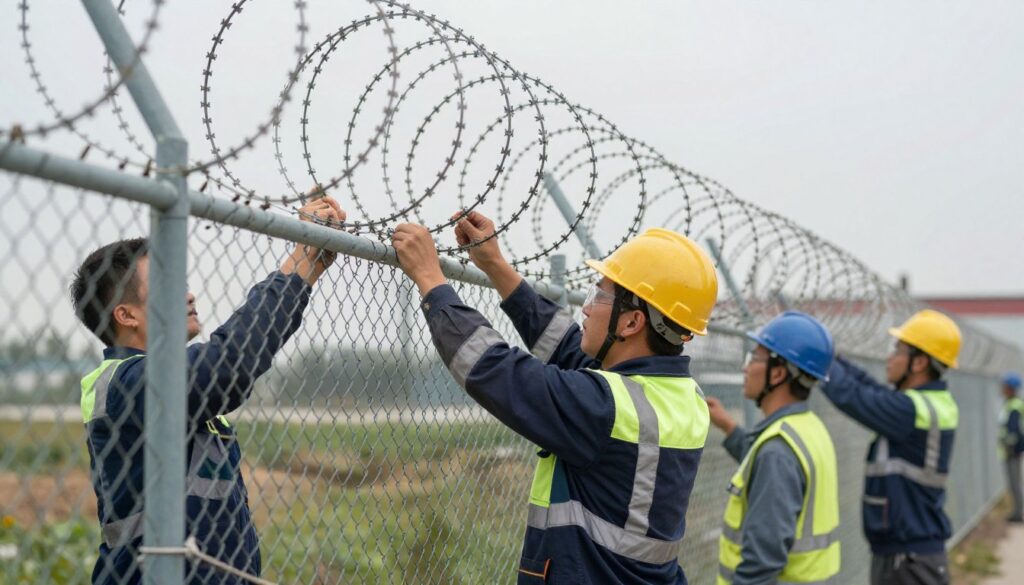 A visually engaging illustration of cost factors related to razor wire installation, featuring a foreground with a detailed breakdown chart displaying various cost elements like materials, labor, and permits. In the middle ground, depict a professional business environment with individuals in business attire discussing plans and examining sample razor wire. In the background, show a suburban Johannesburg landscape with boundary walls topped with razor wire, set under soft daylight. The atmosphere should convey professionalism and analysis, showcasing a sense of clarity and focus. Use a sharp, mid-range lens angle to capture both the intricate details of the cost chart and the contextual surroundings, ensuring a balanced composition. A visually engaging illustration of cost factors related to razor wire installation, featuring a foreground with a detailed breakdown chart displaying various cost elements like materials, labor, and permits. In the middle ground, depict a professional business environment with individuals in business attire discussing plans and examining sample razor wire. In the background, show a suburban Johannesburg landscape with boundary walls topped with razor wire, set under soft daylight. The atmosphere should convey professionalism and analysis, showcasing a sense of clarity and focus. Use a sharp, mid-range lens angle to capture both the intricate details of the cost chart and the contextual surroundings, ensuring a balanced composition.